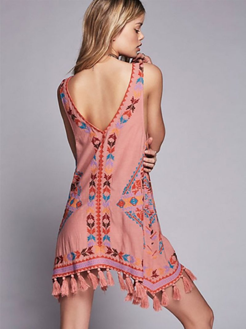 Boho-kleid Bestickt Rosa V-ausschnitt Ärmellos Bohemian-zigeuner-strandurlaub Sommer Kurzes Tank-kleid Für Frauen - Rosa