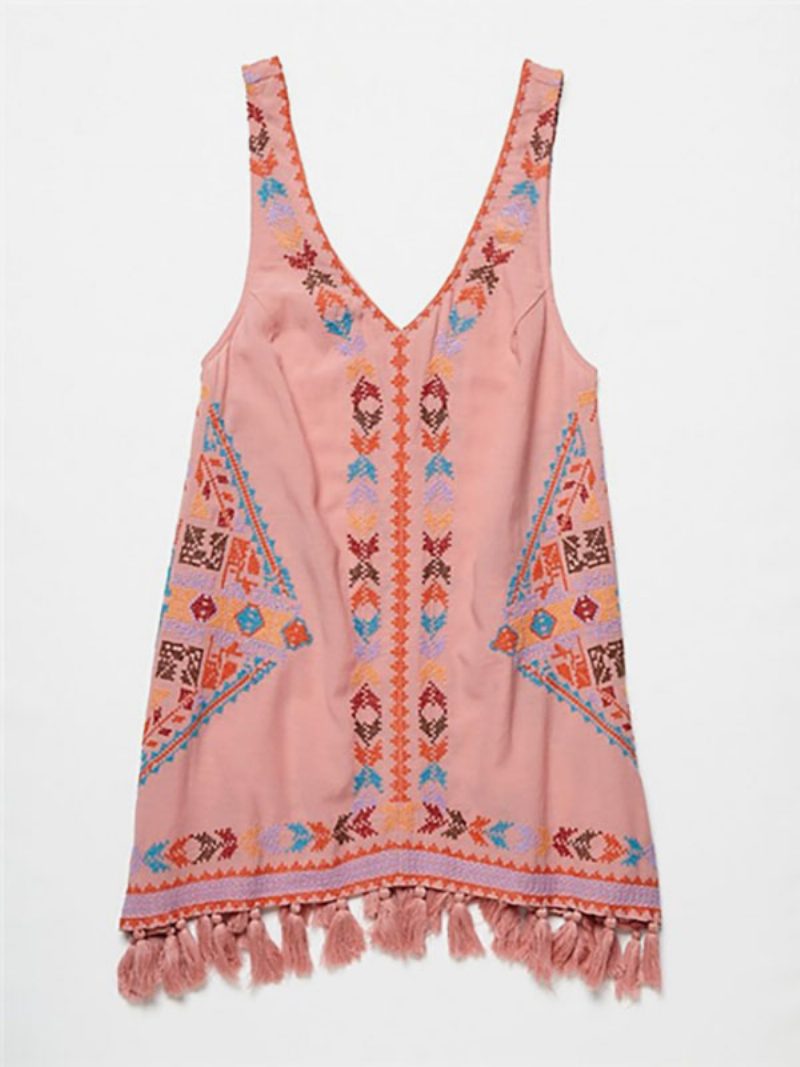 Boho-kleid Bestickt Rosa V-ausschnitt Ärmellos Bohemian-zigeuner-strandurlaub Sommer Kurzes Tank-kleid Für Frauen - Rosa