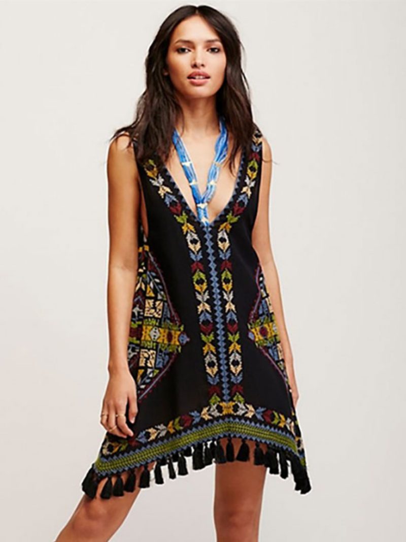 Boho-kleid Bestickt Rosa V-ausschnitt Ärmellos Bohemian-zigeuner-strandurlaub Sommer Kurzes Tank-kleid Für Frauen - Schwarz