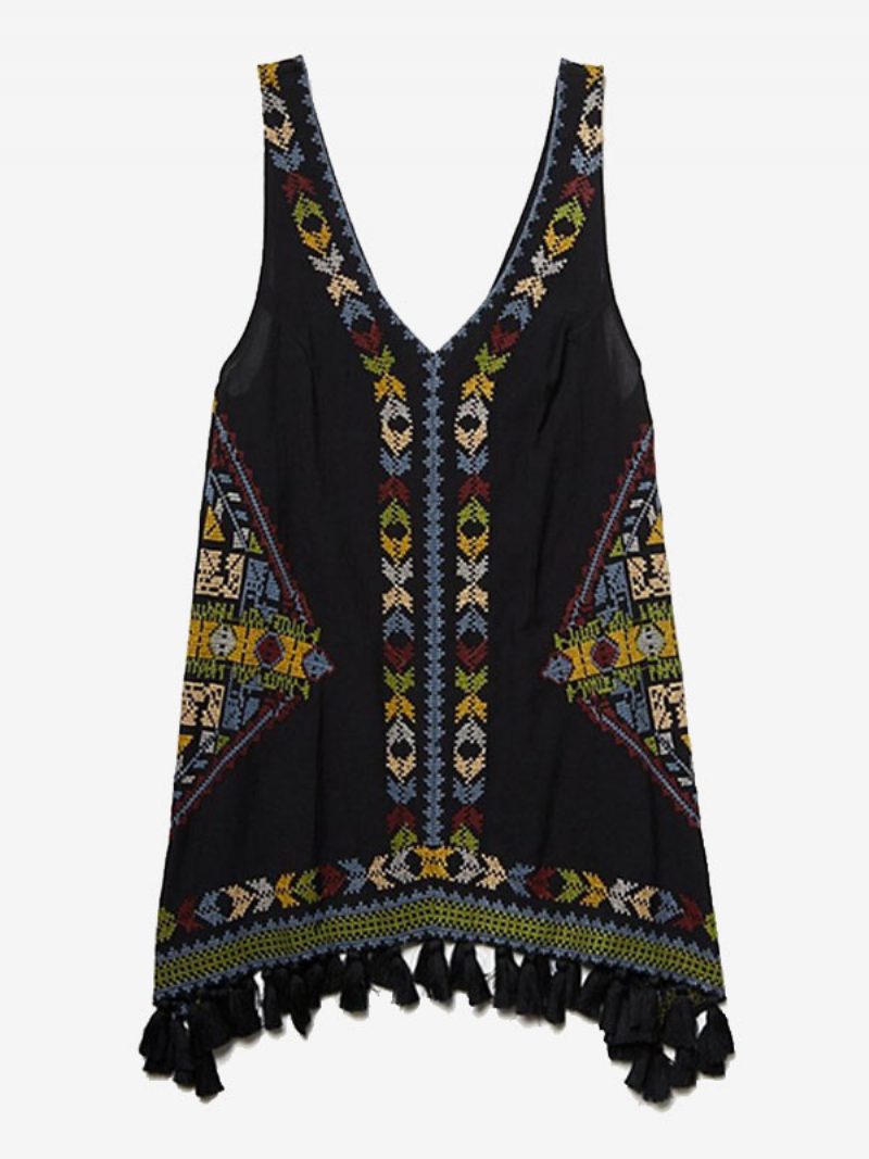 Boho-kleid Bestickt Rosa V-ausschnitt Ärmellos Bohemian-zigeuner-strandurlaub Sommer Kurzes Tank-kleid Für Frauen - Schwarz