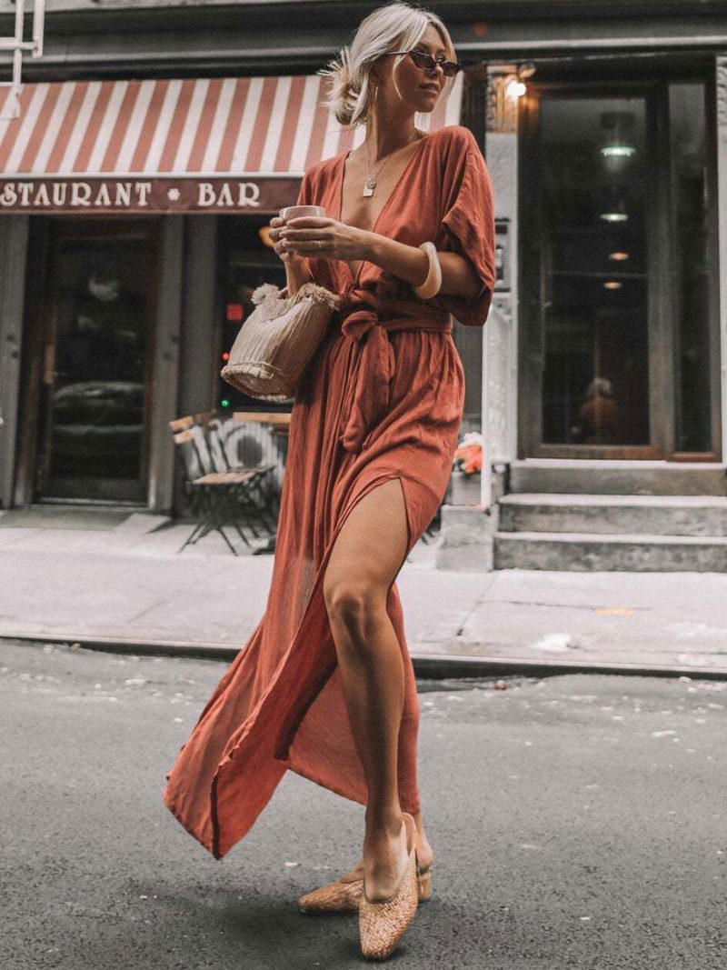 Boho-kleid Für Damen Tiefes Ausschnitt Halbe Ärmel Gürtel Sommer-strand-maxikleider - Orangerot