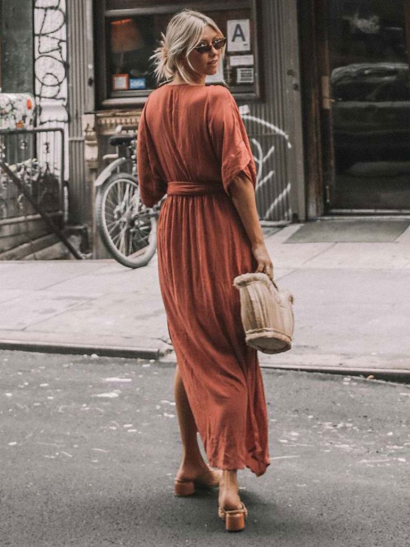 Boho-kleid Für Damen Tiefes Ausschnitt Halbe Ärmel Gürtel Sommer-strand-maxikleider - Orangerot