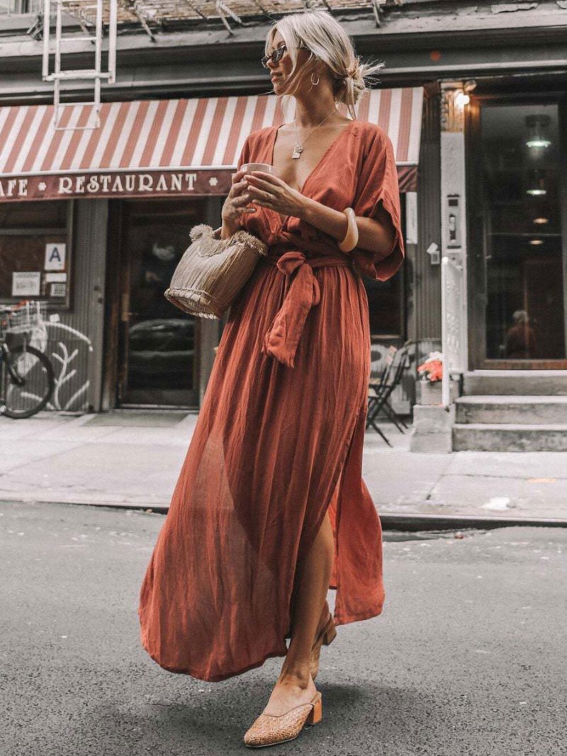 Boho-kleid Für Damen Tiefes Ausschnitt Halbe Ärmel Gürtel Sommer-strand-maxikleider - Orangerot