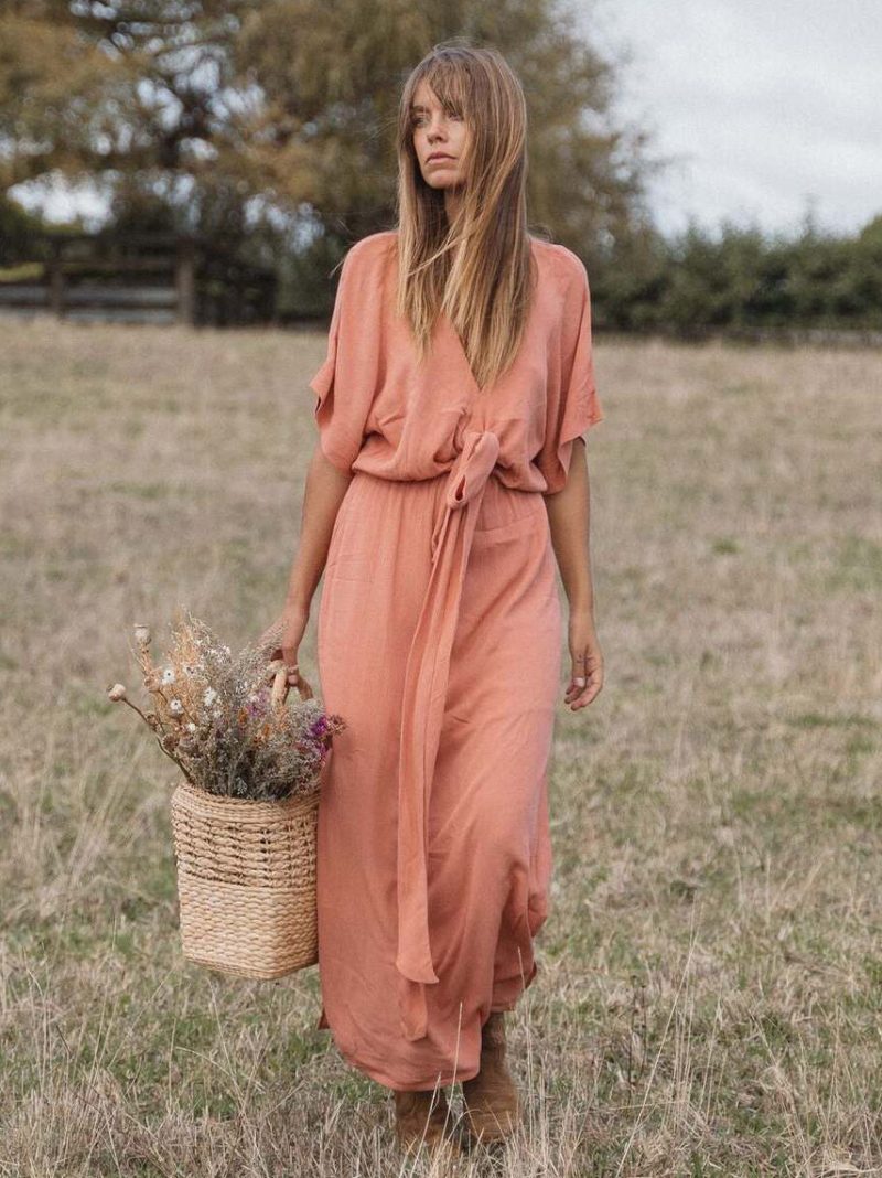 Boho-kleid Für Damen Tiefes Ausschnitt Halbe Ärmel Gürtel Sommer-strand-maxikleider - Rosa