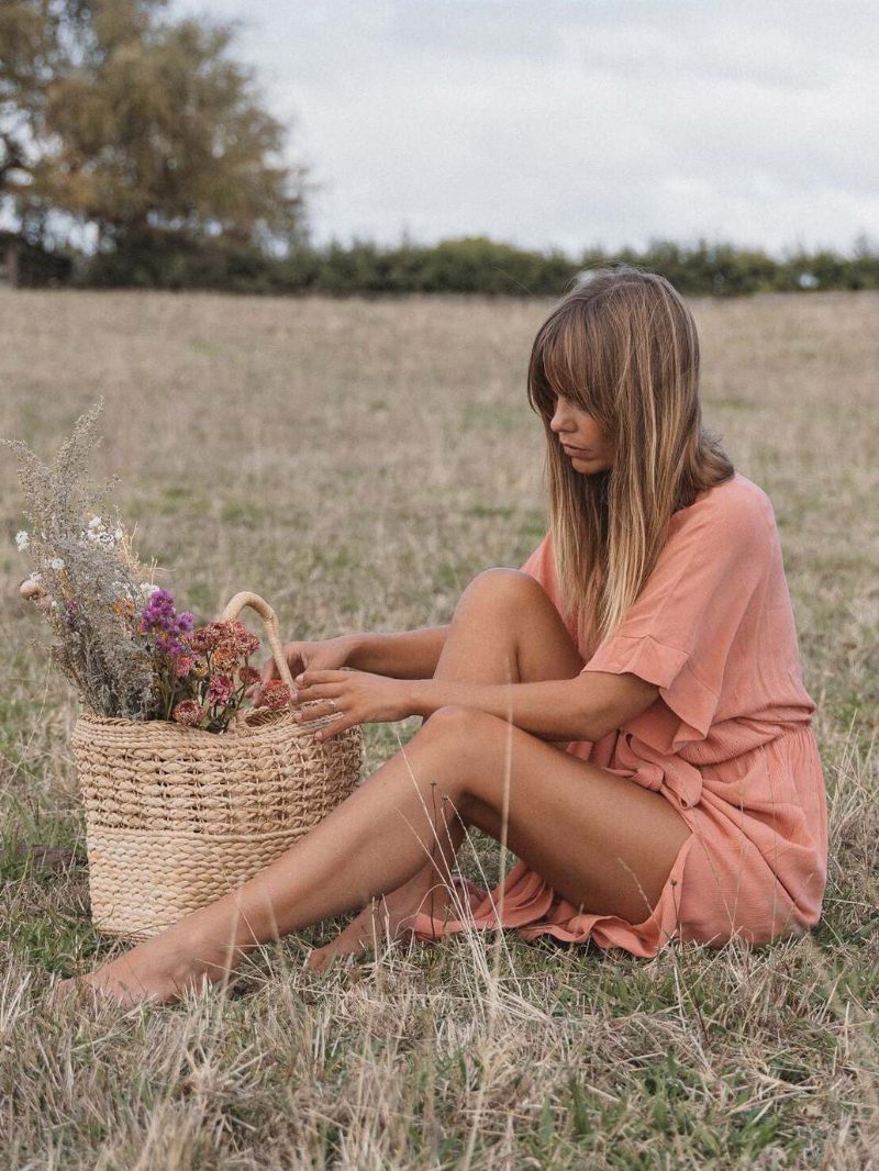 Boho-kleid Für Damen Tiefes Ausschnitt Halbe Ärmel Gürtel Sommer-strand-maxikleider - Rosa