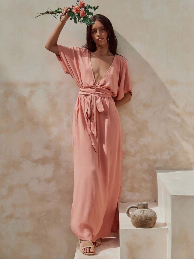 Boho-kleid Für Damen Tiefes Ausschnitt Halbe Ärmel Gürtel Sommer-strand-maxikleider - Rosa