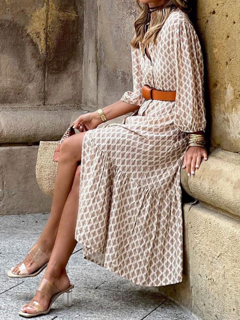 Boho-kleid Für Damen V-ausschnitt Dreiviertel-gürtel Gestuft Täglich Lässig Midi-kleider - Beige