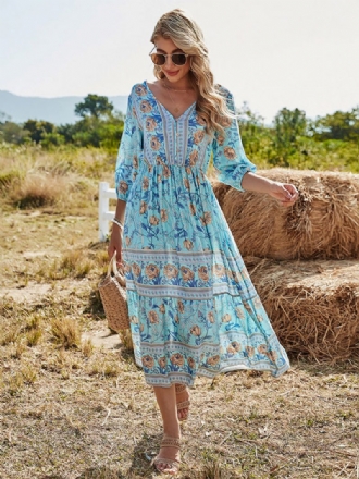 Boho-kleid Für Damen V-ausschnitt Halbe Ärmel Blumenmuster Stretch Plissiert Maxi-strandkleid