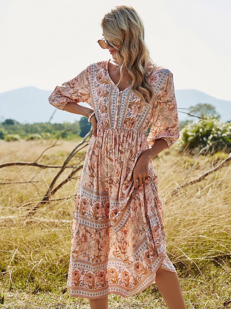 Boho-kleid Für Damen V-ausschnitt Halbe Ärmel Blumenmuster Stretch Plissiert Maxi-strandkleid - Tiefes Hellgelb