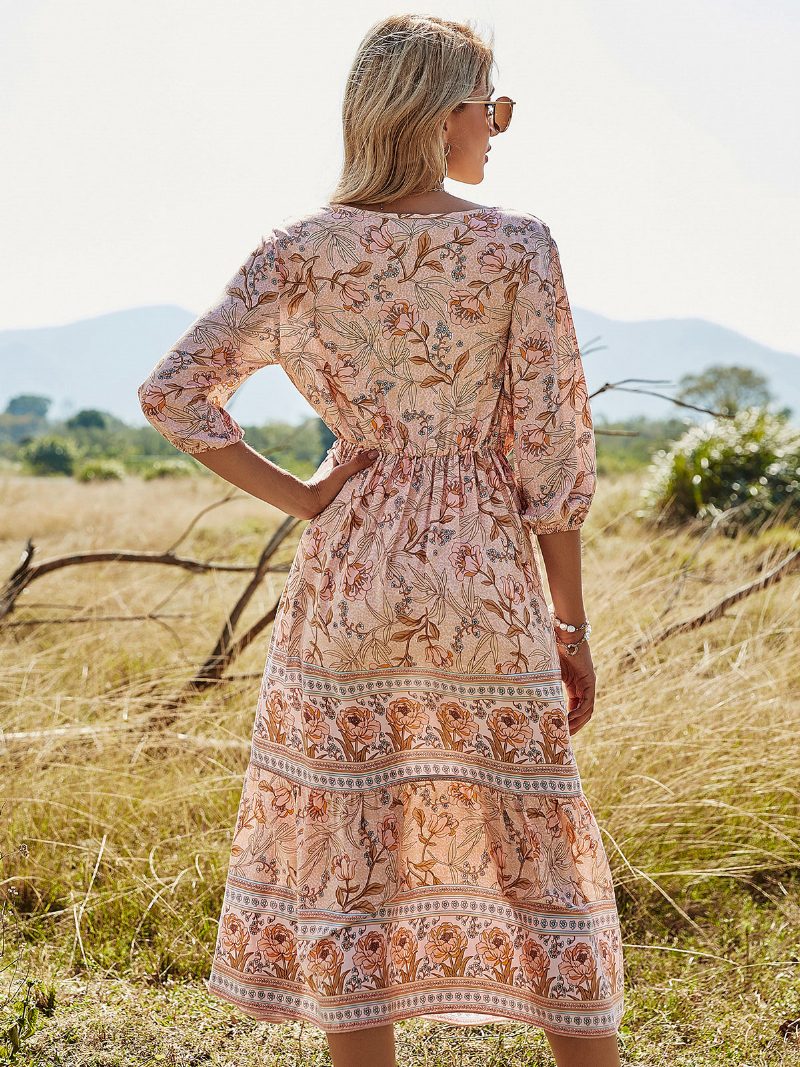 Boho-kleid Für Damen V-ausschnitt Halbe Ärmel Blumenmuster Stretch Plissiert Maxi-strandkleid - Tiefes Hellgelb