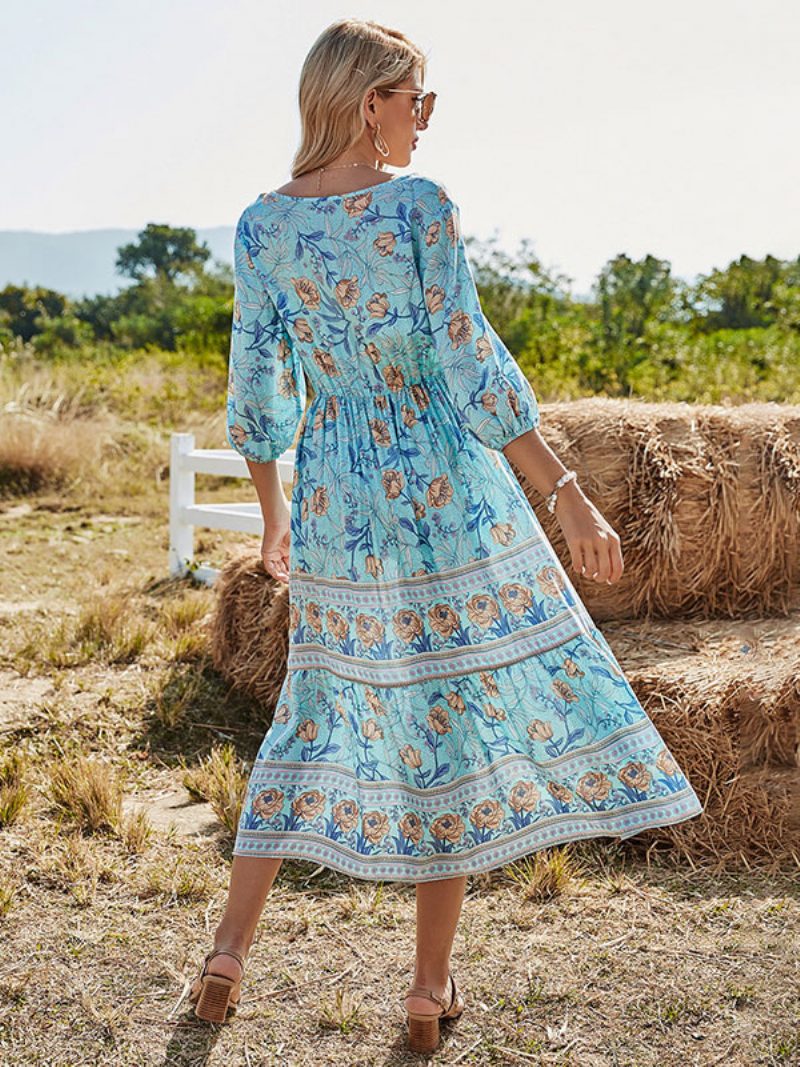 Boho-kleid Für Damen V-ausschnitt Halbe Ärmel Blumenmuster Stretch Plissiert Maxi-strandkleid - Helles Himmelblau