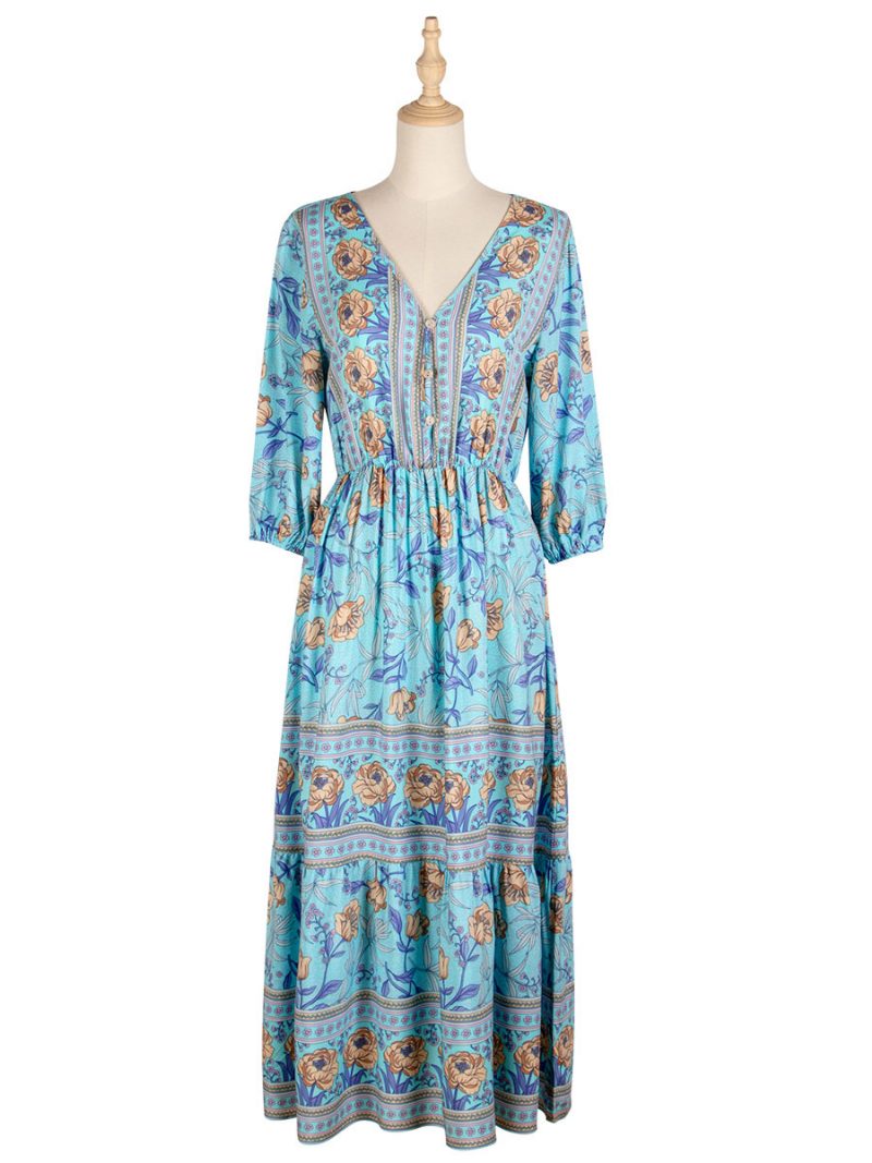 Boho-kleid Für Damen V-ausschnitt Halbe Ärmel Blumenmuster Stretch Plissiert Maxi-strandkleid - Helles Himmelblau