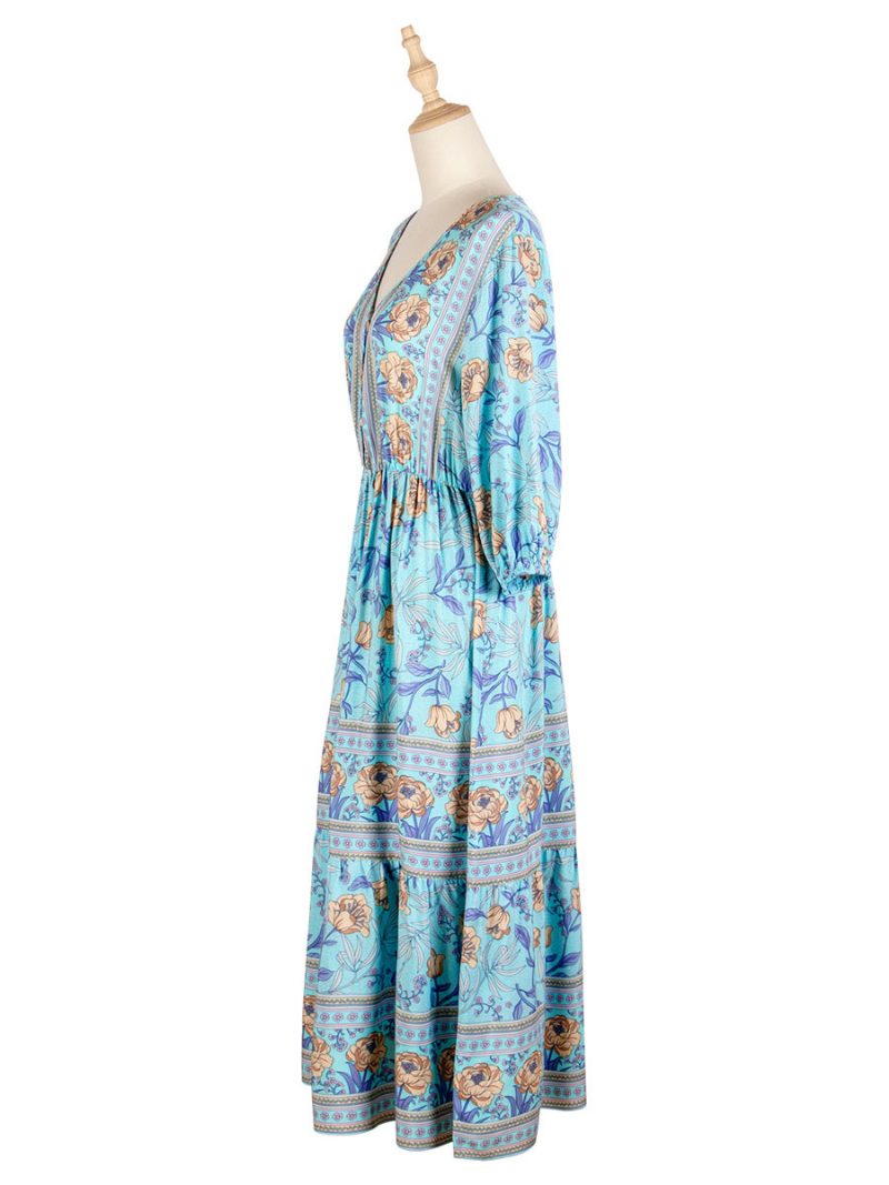 Boho-kleid Für Damen V-ausschnitt Halbe Ärmel Blumenmuster Stretch Plissiert Maxi-strandkleid - Helles Himmelblau