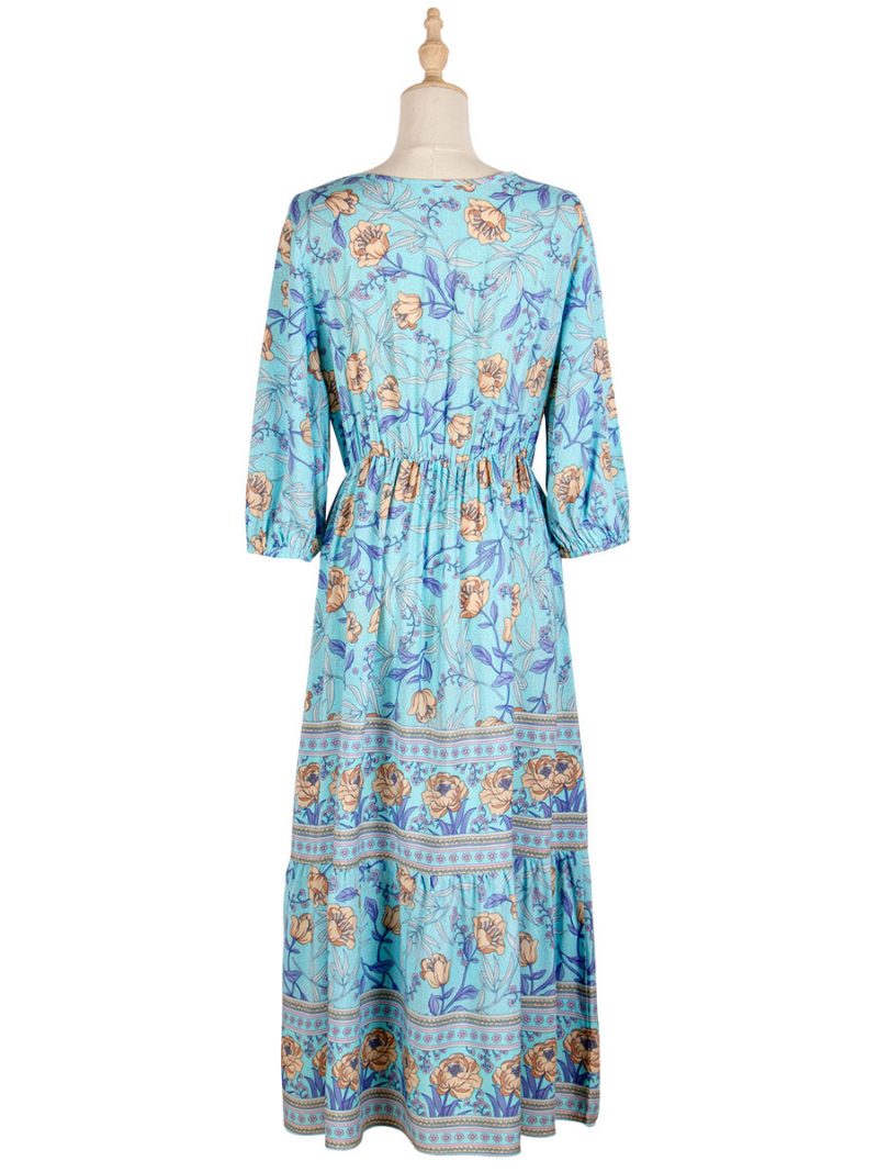 Boho-kleid Für Damen V-ausschnitt Halbe Ärmel Blumenmuster Stretch Plissiert Maxi-strandkleid - Helles Himmelblau