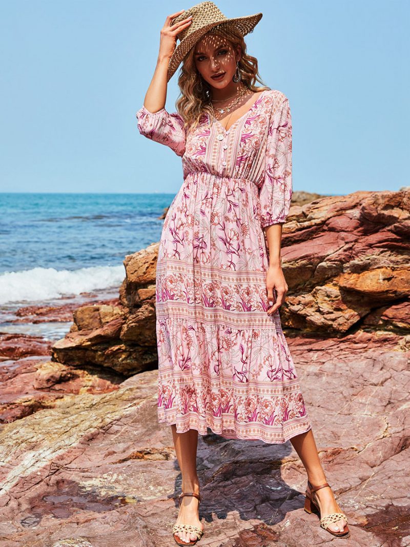 Boho-kleid Für Damen V-ausschnitt Halbe Ärmel Blumenmuster Stretch Plissiert Maxi-strandkleid - Rosa