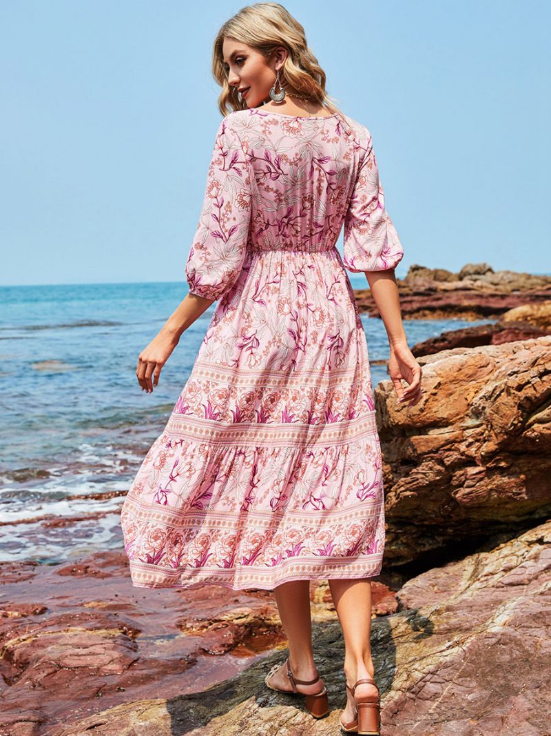 Boho-kleid Für Damen V-ausschnitt Halbe Ärmel Blumenmuster Stretch Plissiert Maxi-strandkleid - Rosa