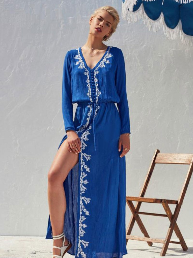 Boho-kleid Hellhimmelblau V-ausschnitt Lange Ärmel Hoher Schlitz Bestickt Böhmischer Zigeuner Strandurlaub Frühling Sommer Langes Kleid Für Frauen