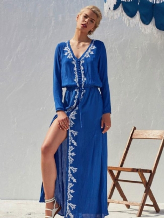 Boho-kleid Hellhimmelblau V-ausschnitt Lange Ärmel Hoher Schlitz Bestickt Böhmischer Zigeuner Strandurlaub Frühling Sommer Langes Kleid Für Frauen