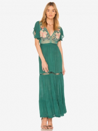 Boho-kleid Hellrosa V-ausschnitt Kurze Ärmel Bestickt Durchsichtig Bohemian-zigeuner-strandurlaub Sommer-maxikleid Für Damen