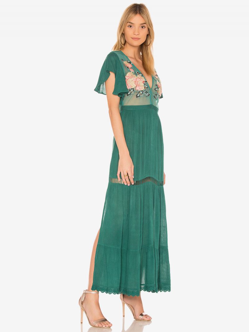 Boho-kleid Hellrosa V-ausschnitt Kurze Ärmel Bestickt Durchsichtig Bohemian-zigeuner-strandurlaub Sommer-maxikleid Für Damen - Grün