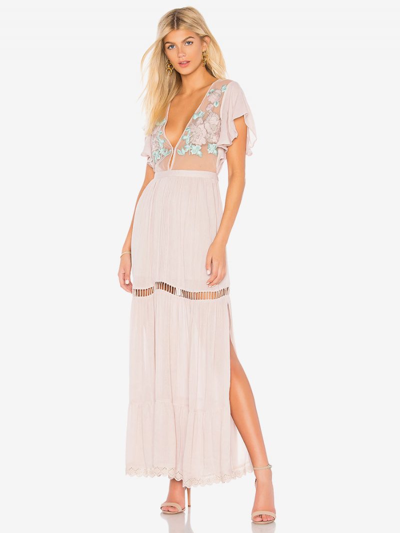 Boho-kleid Hellrosa V-ausschnitt Kurze Ärmel Bestickt Durchsichtig Bohemian-zigeuner-strandurlaub Sommer-maxikleid Für Damen - Hellrosa