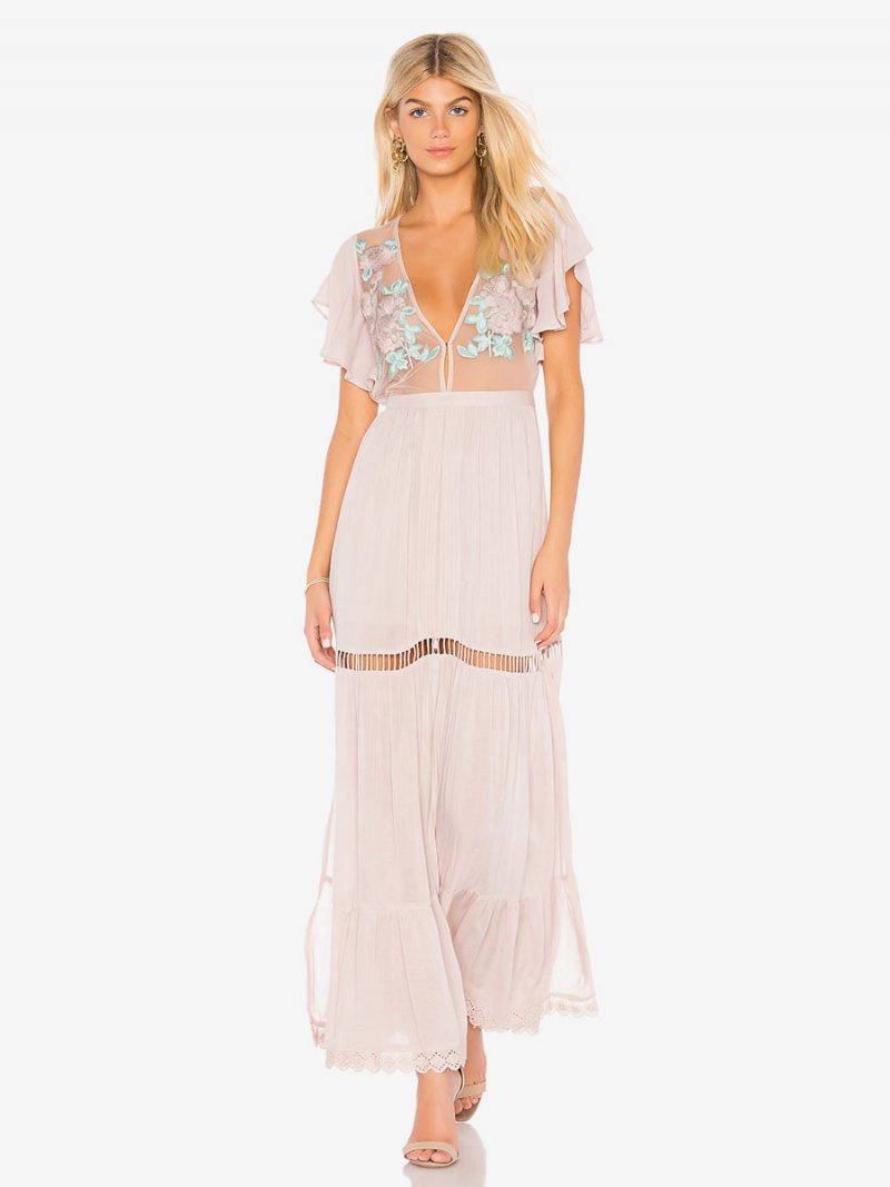 Boho-kleid Hellrosa V-ausschnitt Kurze Ärmel Bestickt Durchsichtig Bohemian-zigeuner-strandurlaub Sommer-maxikleid Für Damen - Hellrosa