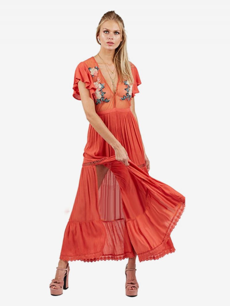 Boho-kleid Hellrosa V-ausschnitt Kurze Ärmel Bestickt Durchsichtig Bohemian-zigeuner-strandurlaub Sommer-maxikleid Für Damen - Orange