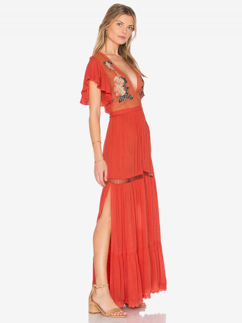 Boho-kleid Hellrosa V-ausschnitt Kurze Ärmel Bestickt Durchsichtig Bohemian-zigeuner-strandurlaub Sommer-maxikleid Für Damen - Orange