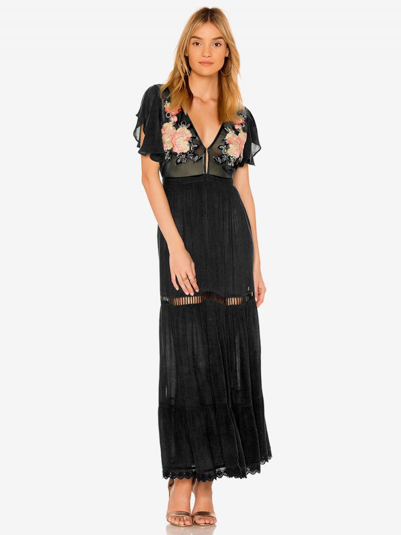 Boho-kleid Hellrosa V-ausschnitt Kurze Ärmel Bestickt Durchsichtig Bohemian-zigeuner-strandurlaub Sommer-maxikleid Für Damen - Schwarz