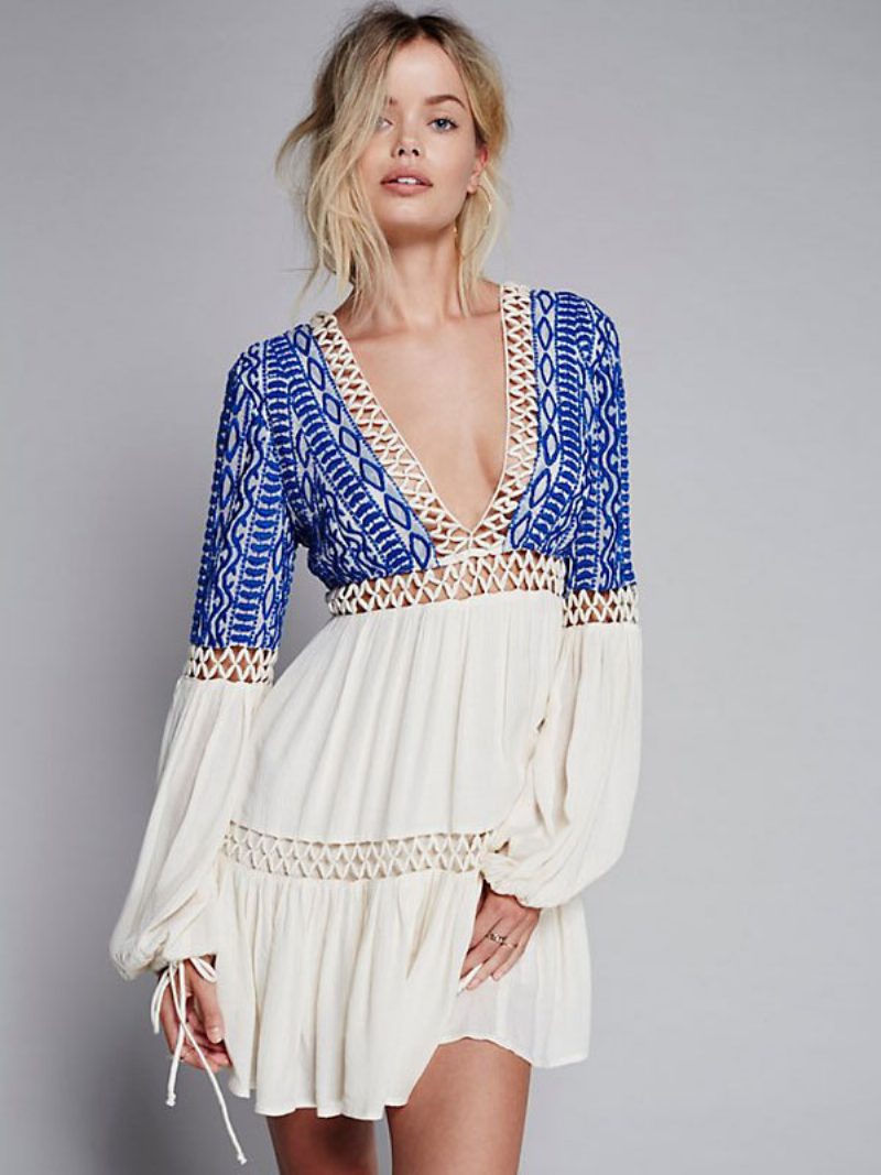 Boho-kleid Lange Bischofsärmel Tiefer V-ausschnitt Bestickt Böhmischer Gypsy-strandurlaub Weiße Baumwolle Frühling Und Sommer Kurzes Skaterkleid Für Frauen