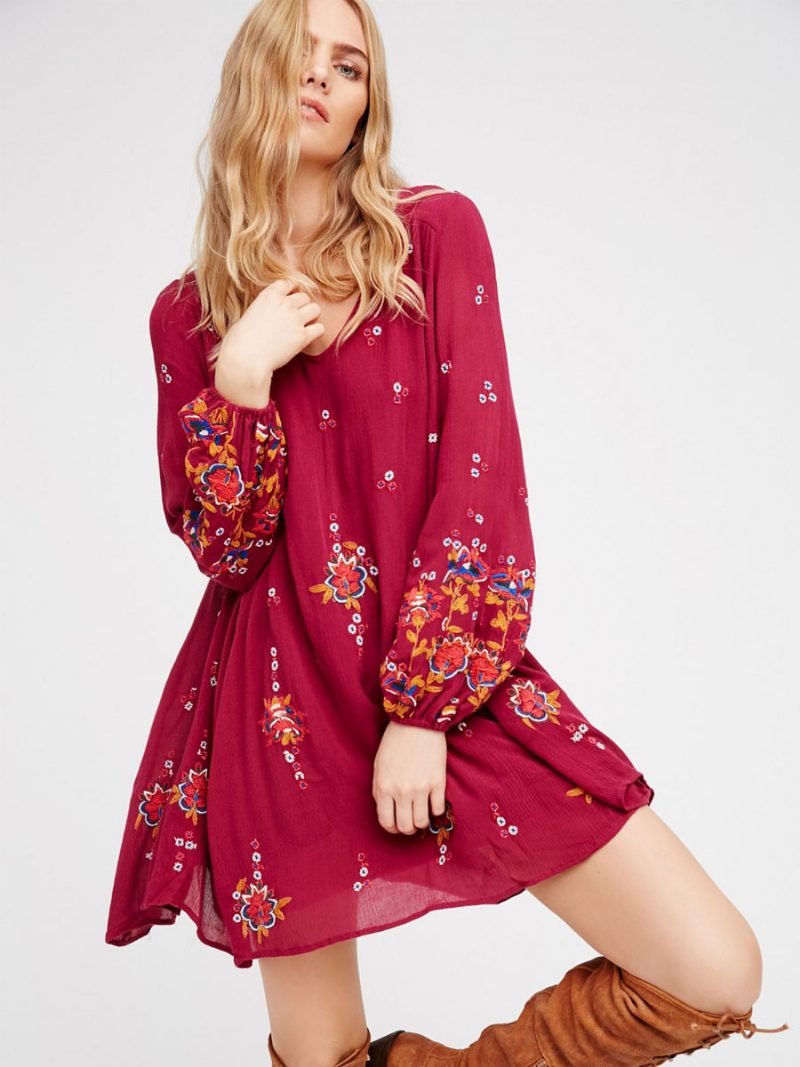 Boho-kleid Mit Juwelenausschnitt Langen Ärmeln Bestickt Böhmischer Gypsy-strandurlaub Weiß Frühling Und Sommer Kurzes Etuikleid Für Damen