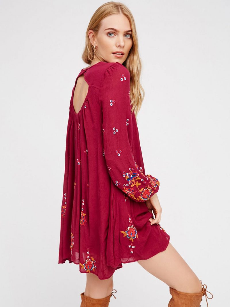 Boho-kleid Mit Juwelenausschnitt Langen Ärmeln Bestickt Böhmischer Gypsy-strandurlaub Weiß Frühling Und Sommer Kurzes Etuikleid Für Damen - Rot