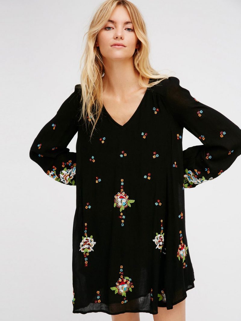 Boho-kleid Mit Juwelenausschnitt Langen Ärmeln Bestickt Böhmischer Gypsy-strandurlaub Weiß Frühling Und Sommer Kurzes Etuikleid Für Damen - Schwarz