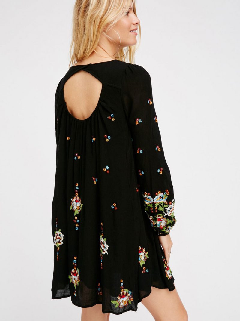 Boho-kleid Mit Juwelenausschnitt Langen Ärmeln Bestickt Böhmischer Gypsy-strandurlaub Weiß Frühling Und Sommer Kurzes Etuikleid Für Damen - Schwarz