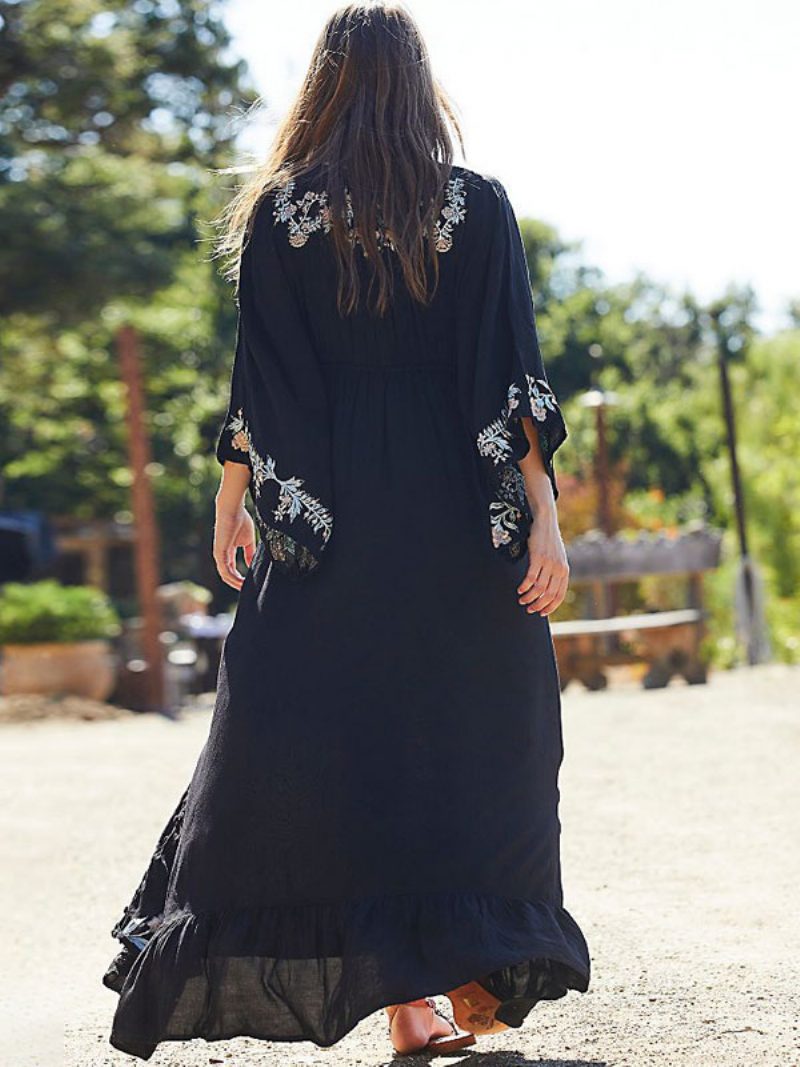 Boho-kleid Mit Tiefem V-ausschnitt 3/4-ärmel Schwarz Bestickt Bohemian-zigeuner-strandurlaub Baumwolle Frühling Sommer Langes Kleid Für Damen - Schwarz