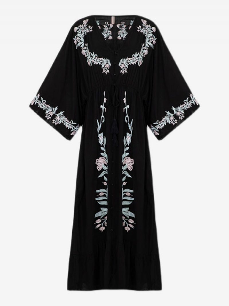 Boho-kleid Mit Tiefem V-ausschnitt 3/4-ärmel Schwarz Bestickt Bohemian-zigeuner-strandurlaub Baumwolle Frühling Sommer Langes Kleid Für Damen - Schwarz