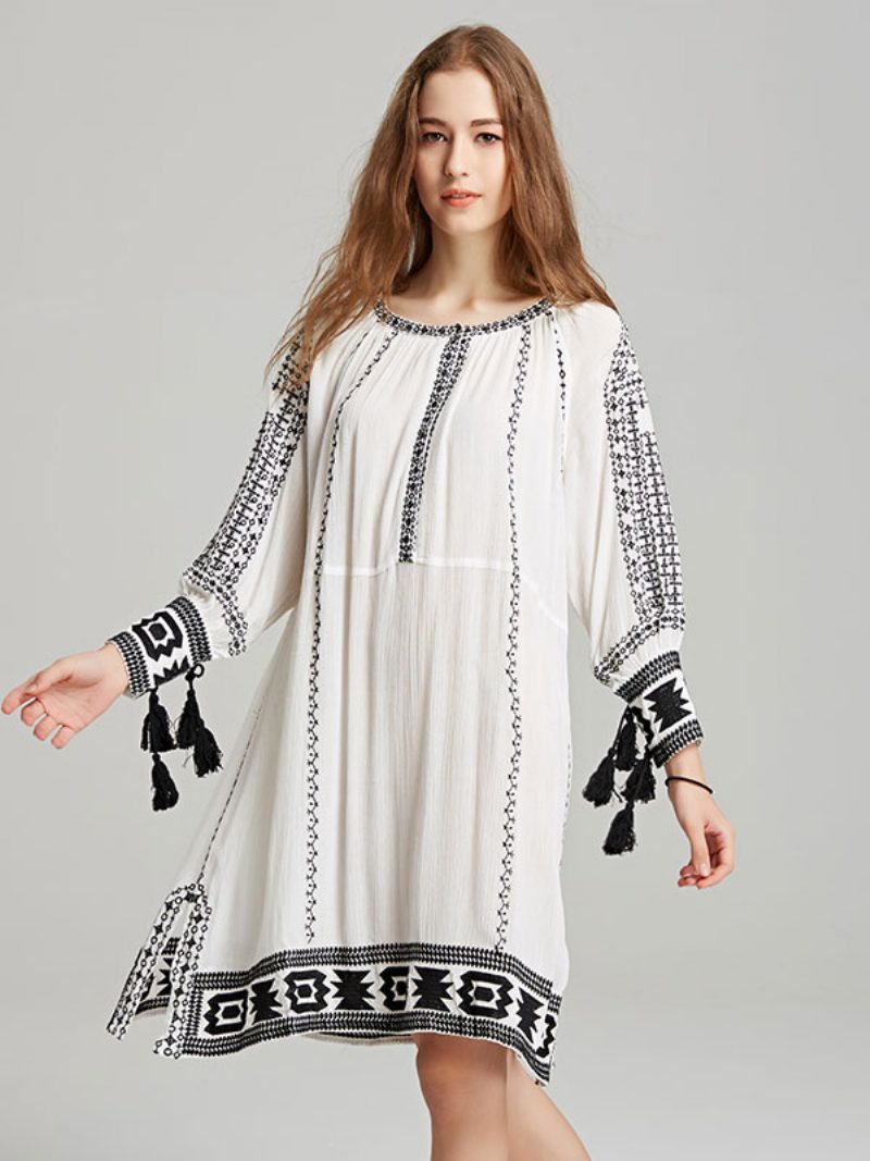 Boho-kleid Mit Tiefem V-ausschnitt Hellbraunen Quasten Langen Ärmeln Bestickt Bohemian-zigeuner-strandurlaub Frühling Sommer Kurzes Kleid Für Frauen - Weiß