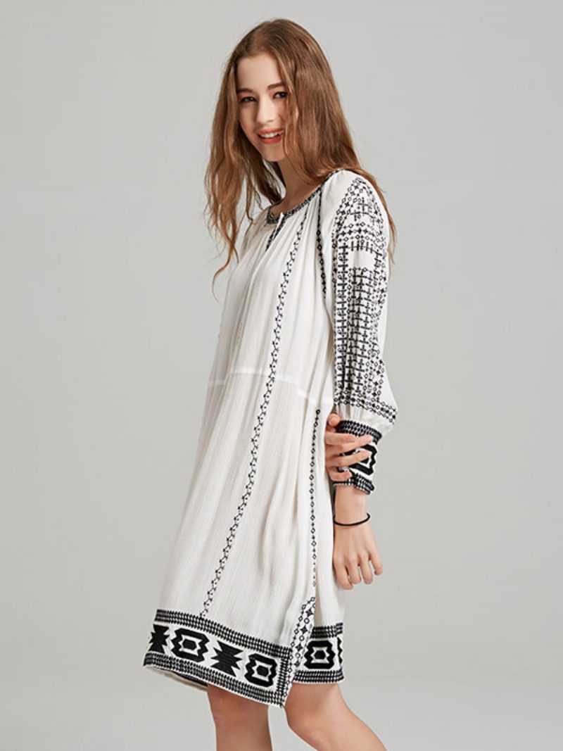 Boho-kleid Mit Tiefem V-ausschnitt Hellbraunen Quasten Langen Ärmeln Bestickt Bohemian-zigeuner-strandurlaub Frühling Sommer Kurzes Kleid Für Frauen - Weiß