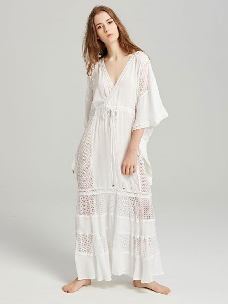 Boho-kleid Mit Tiefem V-ausschnitt Weiß 3/4-ärmel Bohemian-zigeuner-strandurlaub Frühling Sommer Maxikleid Für Damen - Weiß