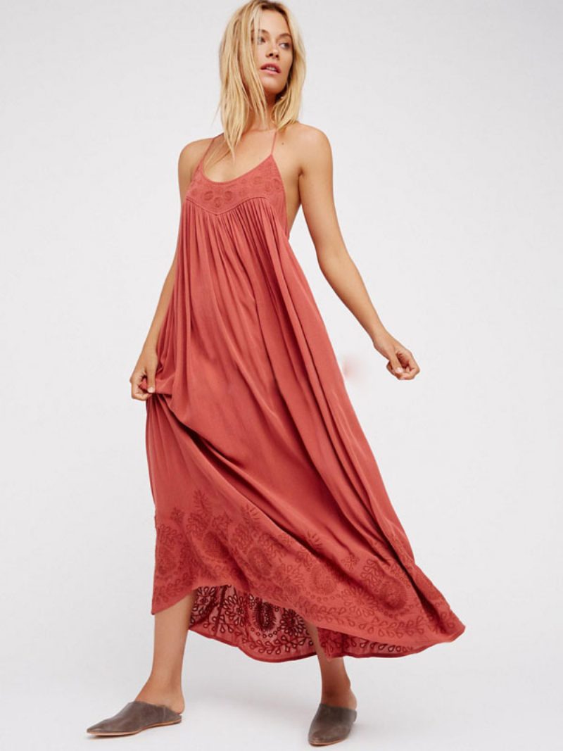 Boho-kleid Mit Trägern Ärmellos Koralle Bohemian-stil Gypsy-strandurlaub Sommer Langes Slip-kleid Für Damen