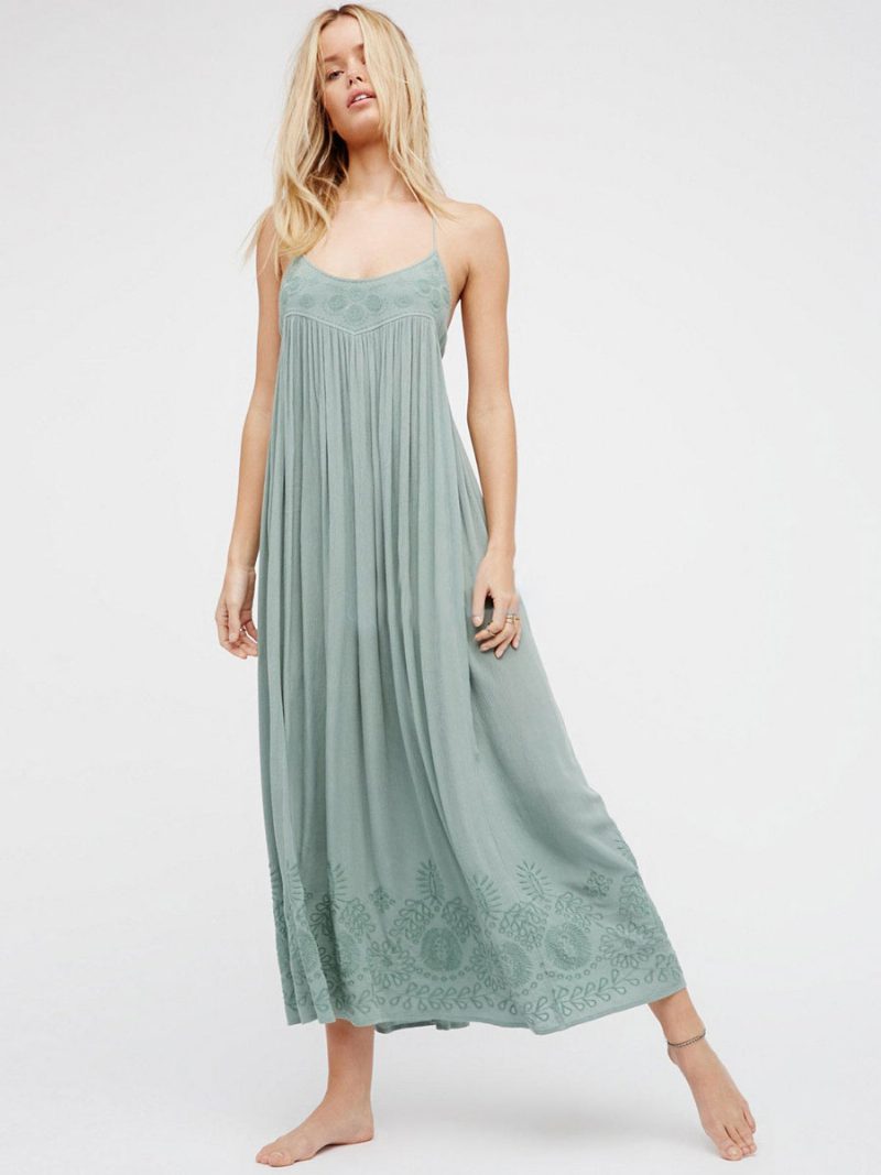 Boho-kleid Mit Trägern Ärmellos Koralle Bohemian-stil Gypsy-strandurlaub Sommer Langes Slip-kleid Für Damen - Salbei