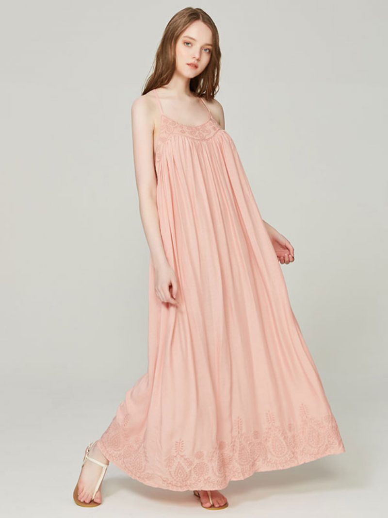 Boho-kleid Mit Trägern Ärmellos Koralle Bohemian-stil Gypsy-strandurlaub Sommer Langes Slip-kleid Für Damen - Rosa