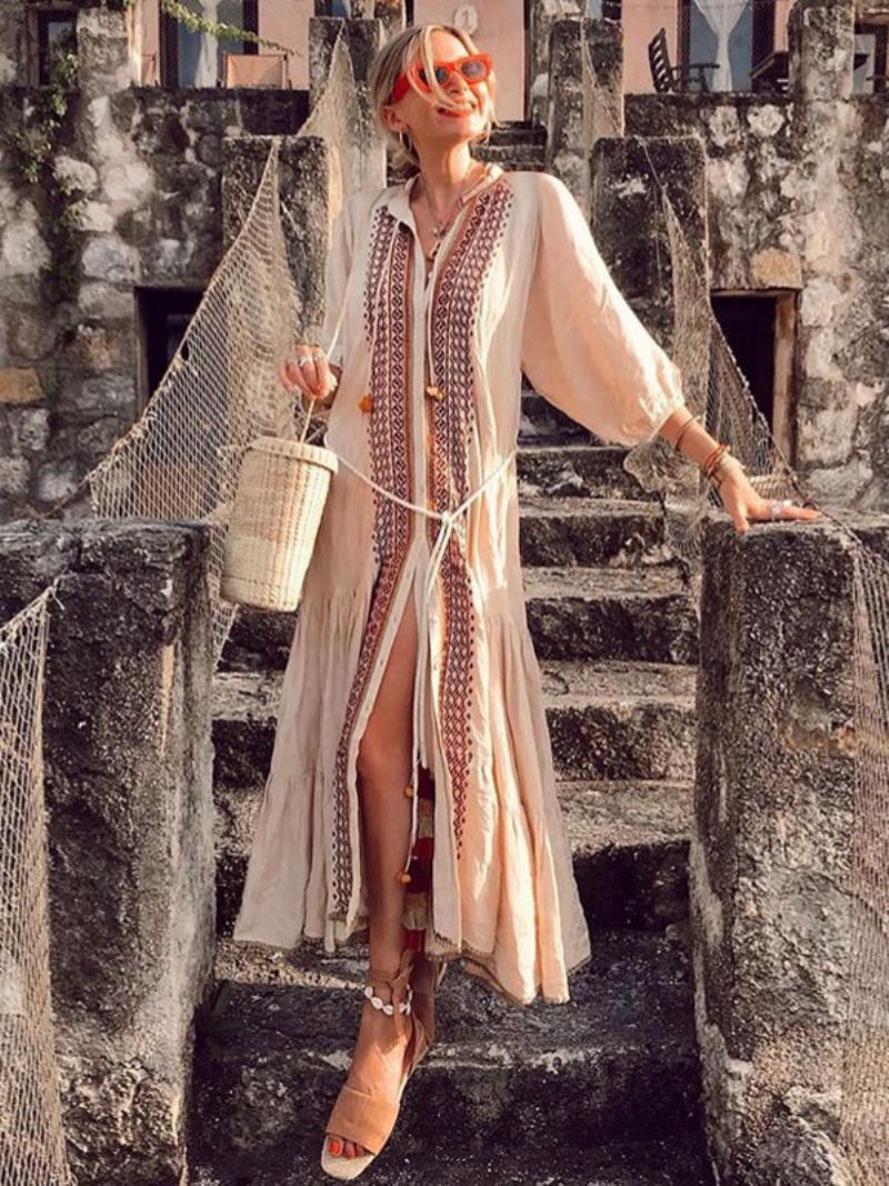 Boho-kleid Mit V-ausschnitt 3/4-ärmel Helle Aprikose Bestickt Bohemian-zigeuner-strandurlaub Frühling Sommer Midi-kleid Für Damen - Helles Hellgelb