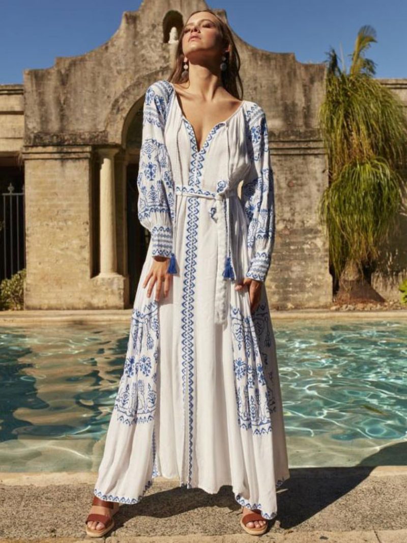 Boho-kleid Mit V-ausschnitt Und Langen Ärmeln Bohemian-zigeuner-strandurlaub Weißes Frühlings- Sommer-maxikleid Gürtel Für Damen