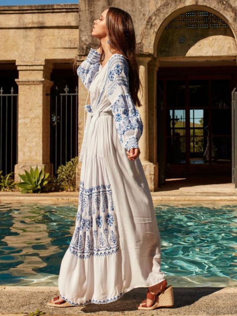 Boho-kleid Mit V-ausschnitt Und Langen Ärmeln Bohemian-zigeuner-strandurlaub Weißes Frühlings- Sommer-maxikleid Gürtel Für Damen - Weiß