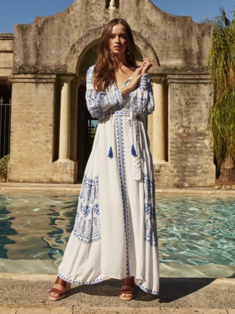 Boho-kleid Mit V-ausschnitt Und Langen Ärmeln Bohemian-zigeuner-strandurlaub Weißes Frühlings- Sommer-maxikleid Gürtel Für Damen - Weiß