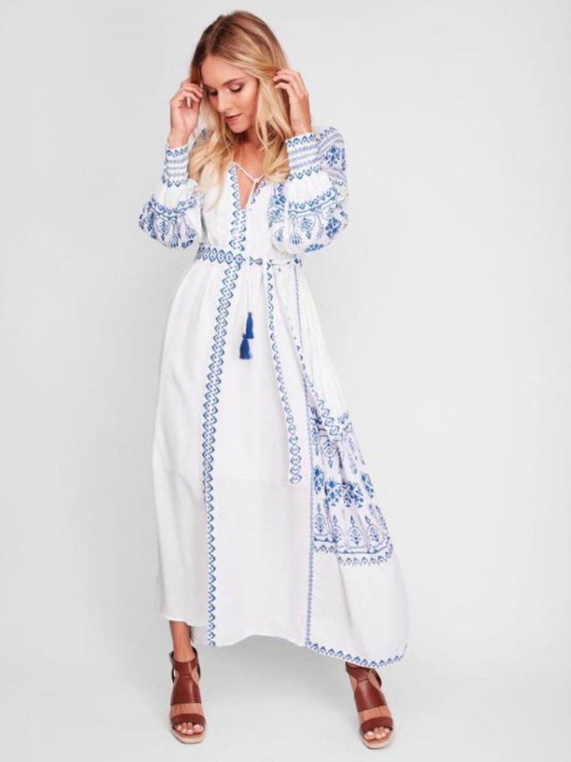 Boho-kleid Mit V-ausschnitt Und Langen Ärmeln Bohemian-zigeuner-strandurlaub Weißes Frühlings- Sommer-maxikleid Gürtel Für Damen - Weiß