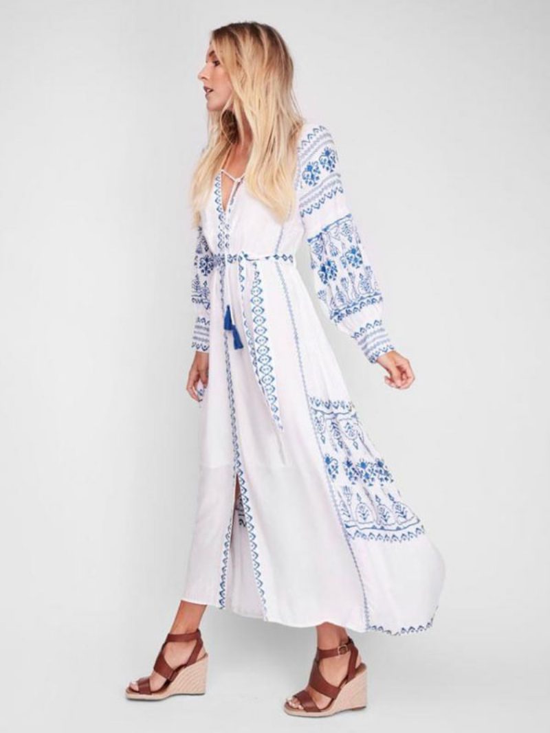 Boho-kleid Mit V-ausschnitt Und Langen Ärmeln Bohemian-zigeuner-strandurlaub Weißes Frühlings- Sommer-maxikleid Gürtel Für Damen - Weiß