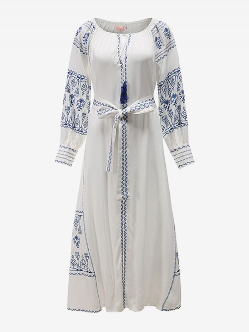 Boho-kleid Mit V-ausschnitt Und Langen Ärmeln Bohemian-zigeuner-strandurlaub Weißes Frühlings- Sommer-maxikleid Gürtel Für Damen - Weiß