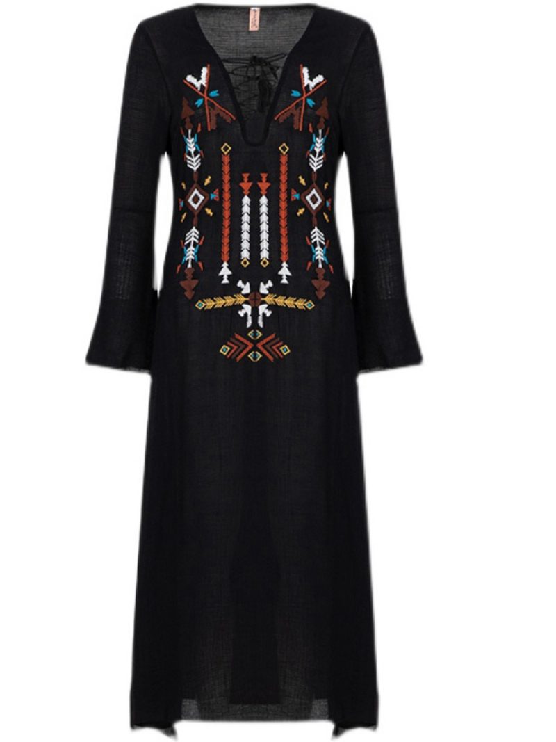 Boho Kleid Schwarz Baumwolle V-ausschnitt Langarm Bestickt Gypsy Strand Urlaub Frühling Herbst Langes Für Frauen - Schwarz